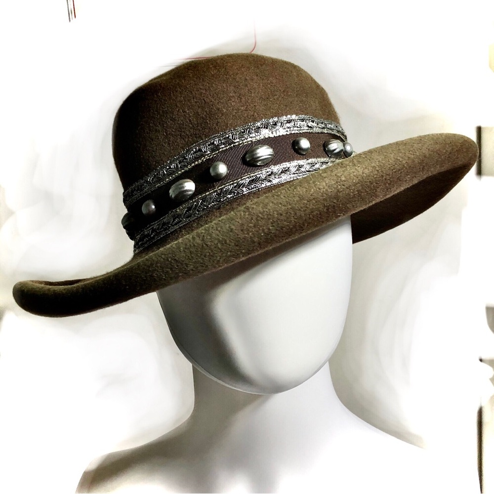 Eric Javits Elegant Brown Wool Hat with Metallic Accents